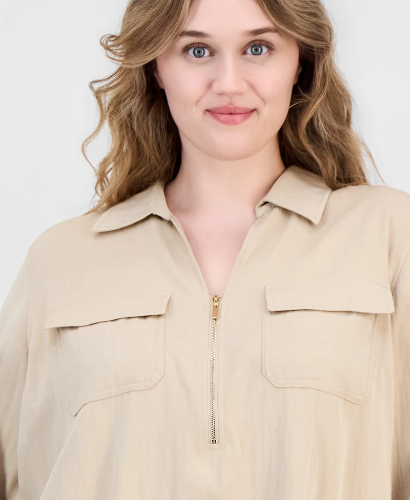 Anne Klein Plus Collared Half-Zip Long-Sleeve Top