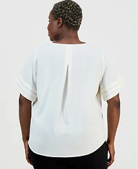 Anne Klein Essentials Plus Pleated-Sleeve Split-Neck Top