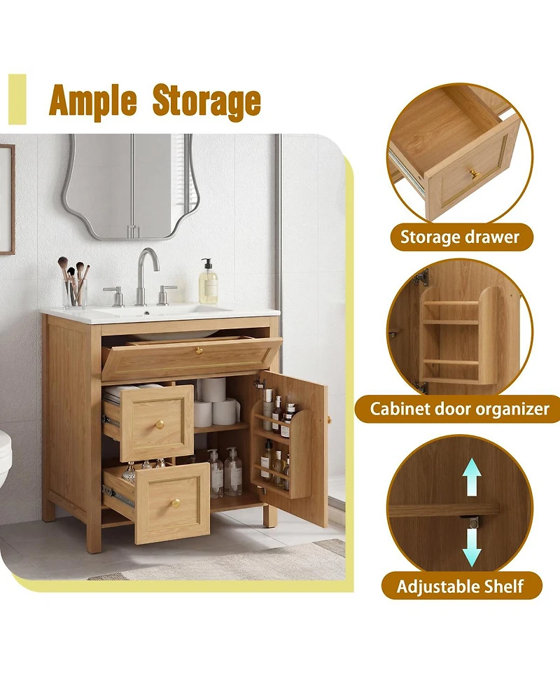 Sillysis 30 Inch Bathroom Vanity with Sink, Freestanding Wood Cabinet, Flip-Out and 2 Soft-Close Drawers