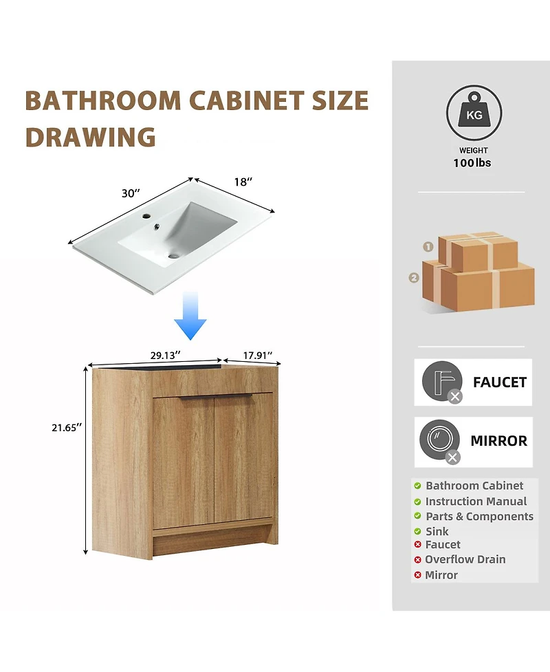 Sillysis 30 Inch Bathroom Vanity with Sink , Fluted 3D Panel Design, 2 Soft Close Drawers and Ceramic Top