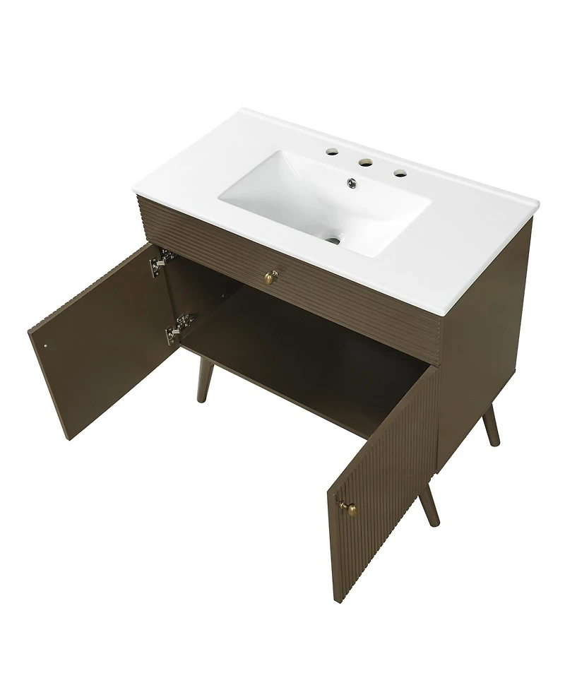 Sillysis 36 Inch Modern Freestanding Bathroom Vanity with Soft Close Doors, Striped Cabinet and Ceramic Sink for Luxury Storage