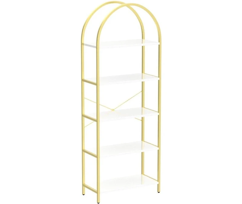 gaomon 5-Tier Arched Bookshelf, Gold and White Marble Effect Tall Bookcase with Metal Frame