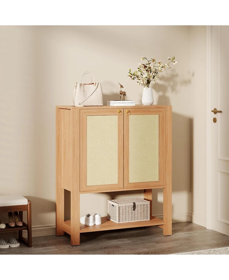 gaomon Rattan Shoe Cabinet for Entryway, Farmhouse Boho 5 Tier Rack Freestanding Wood Storage with Adjustable Shelves