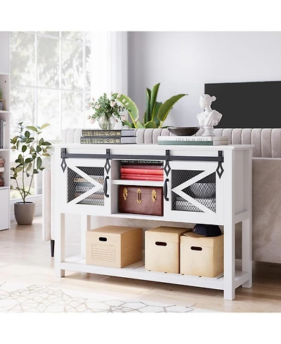 gaomon farmhouse entryway table with sliding barn doors, rustic industrial console with storage and open shelf for hallway or living room.