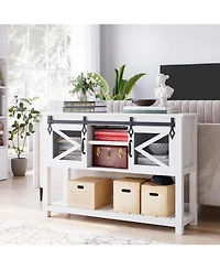 gaomon farmhouse entryway table with sliding barn doors, rustic industrial console with storage and open shelf for hallway or living room.