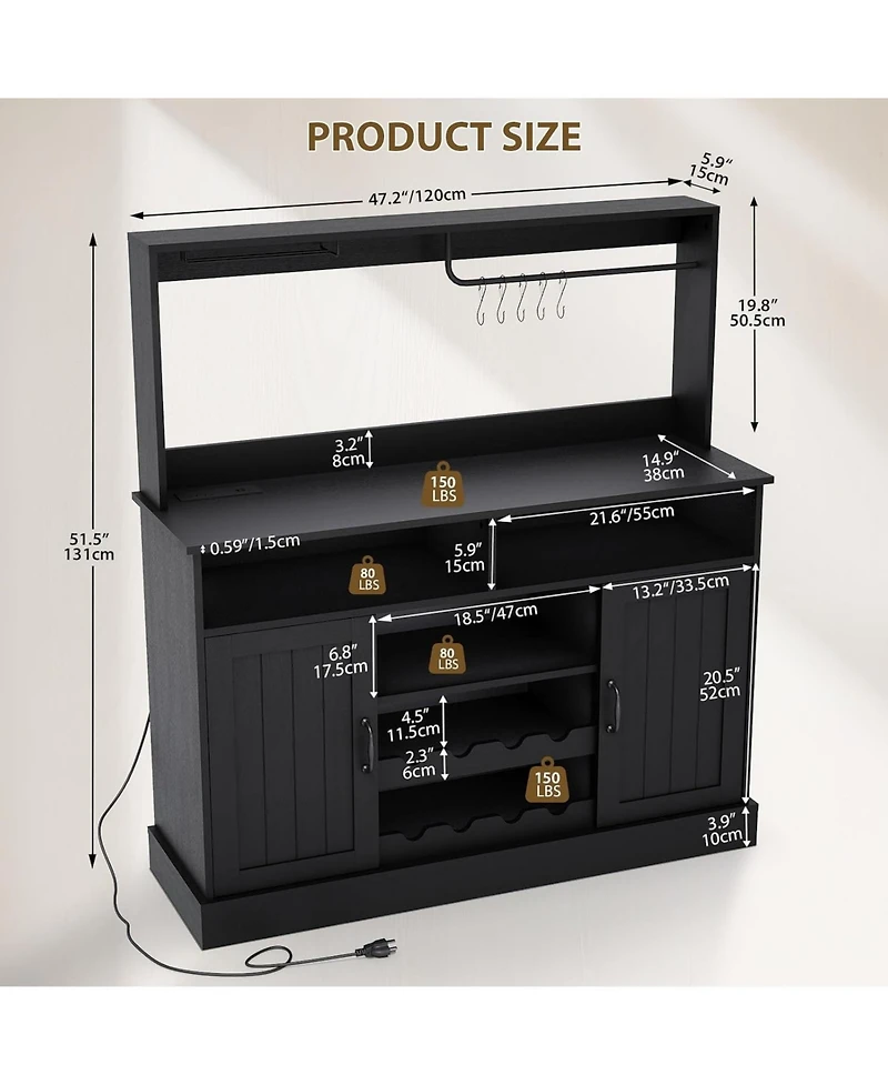 gaomon 47 Coffee Bar Cabinet with 5 Hooks, Buffet Power Outlets, Goblet Holder, Sideboard Wine Rack Hutch Storage