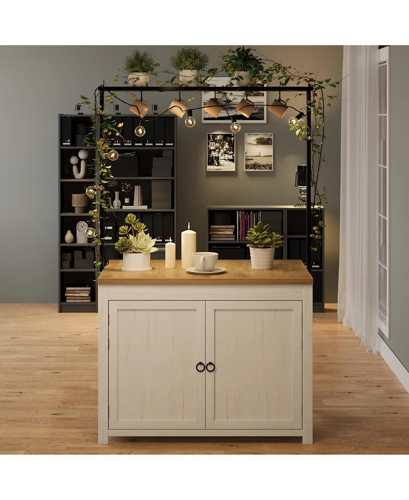 gaomon 42" Kitchen Island with Storage, 1.2" Countertop Heavy-Duty Multi-Functional Kitchen Cart with 2 Tier Shelves, 5 Hooks, Metal Coffee Bar Table