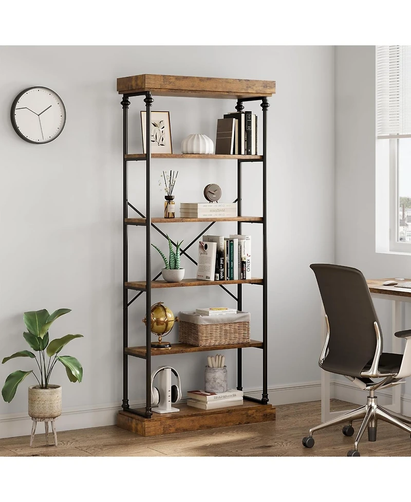 gaomon 6-Tier Industrial Wooden Bookshelf with Metal Frame, Rustic Tall Display Rack for Living Room