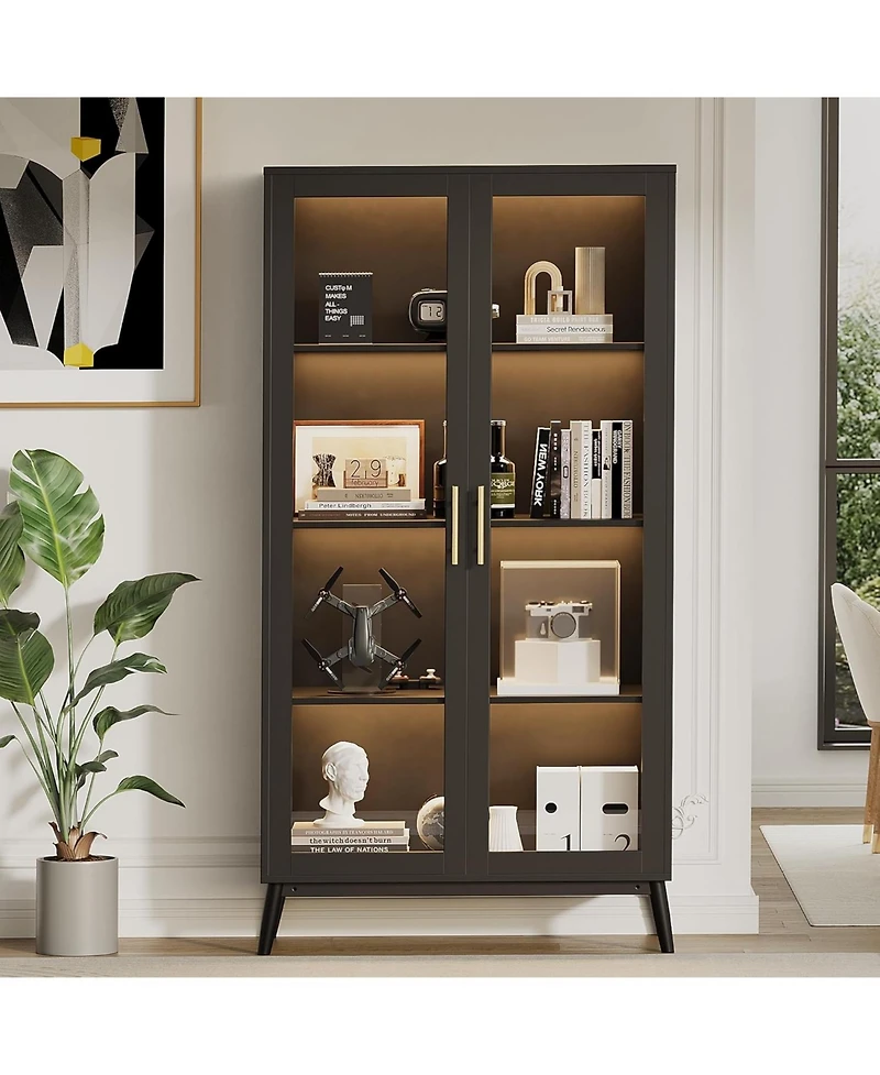 gaomon Glass Display Cabinet with Rgb Lights,4 Tier Curio Cabinets with 3 Color Lights,Display Case with Human Body Sensor & Usb Ports, Corner Storage