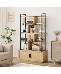 gaomon Industrial 5-Tier Rattan Bookcase with Storage Cabinet and Door, Metal Frame
