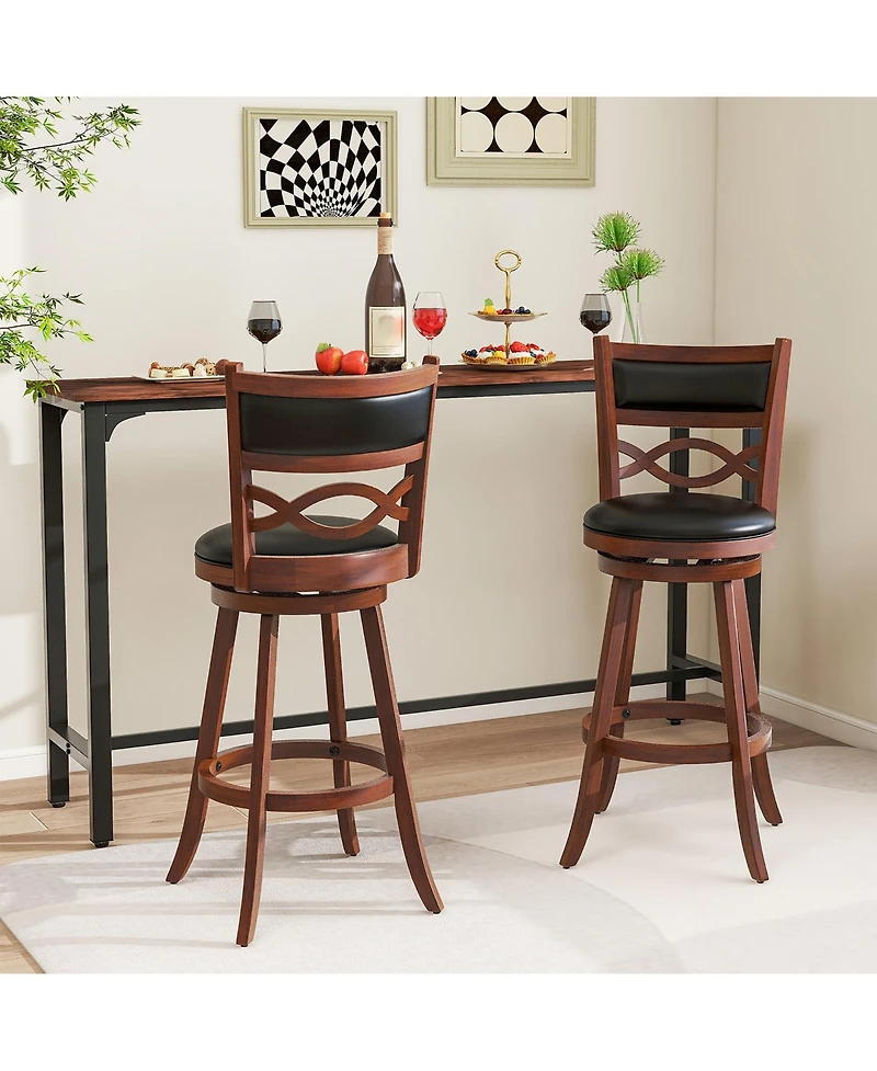 GymaxBar Height Stools Set of 2 w/Rubber Wood Frame Faux Leather Upholstered Seat