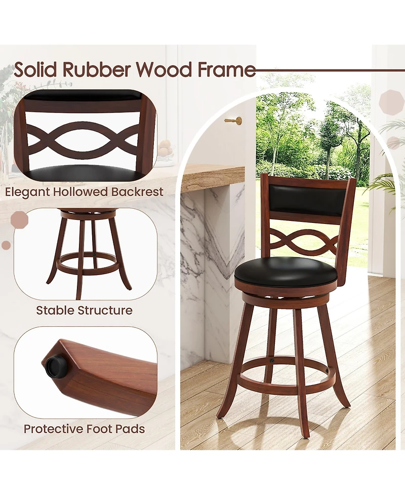 Gymax Bar Stools Set of 2 with Rubber Wood Frame Faux Leather Upholstered Seat