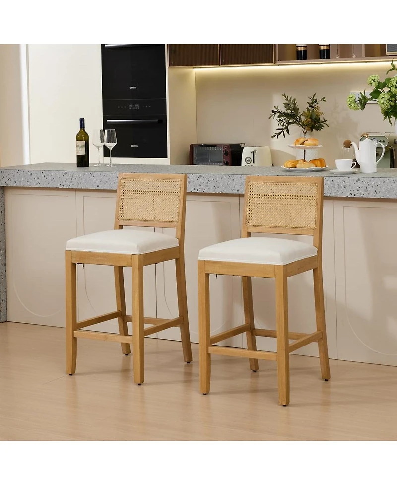 Maison Boucle Seat Solid Wood Rattan Back Bar Stools, Linen Cushion, Set of 2