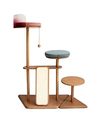 Zeus and Ruta Modern Cat Tower Cat Furniture with Veneer Shelves Solid Rubberwood Posts and Sisal and Acrylic Pod