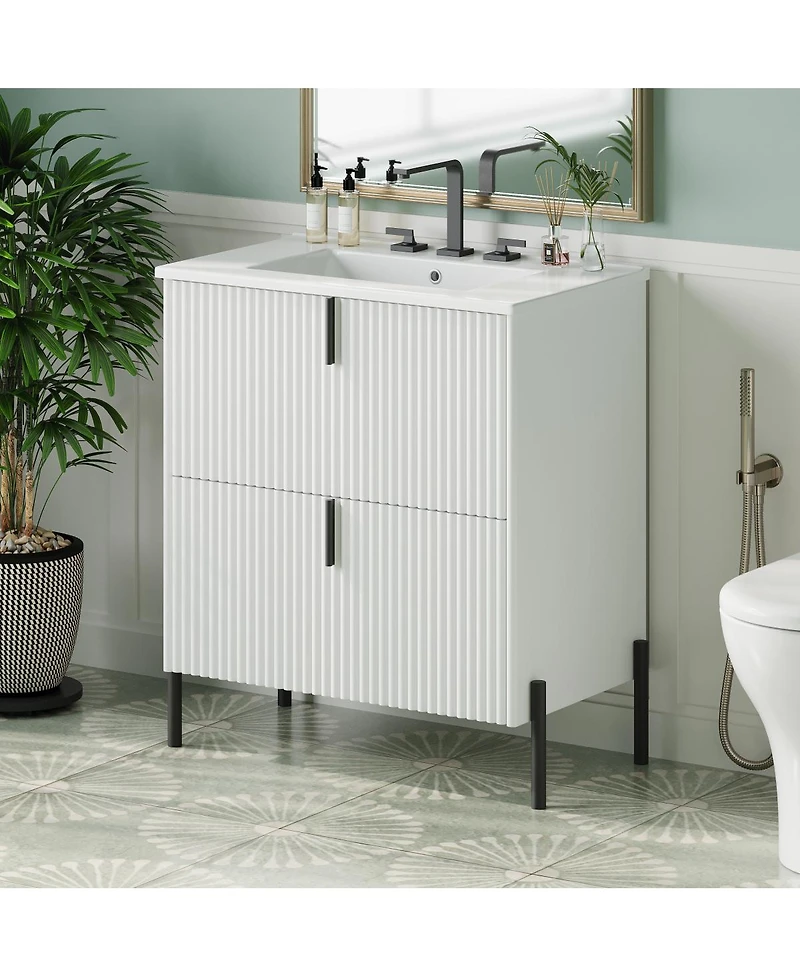 Sillysis Bathroom Vanity with Sink, Modern Fluted Mdf Cabinet, Soft Close Full-Extension Drawers for Small Spaces