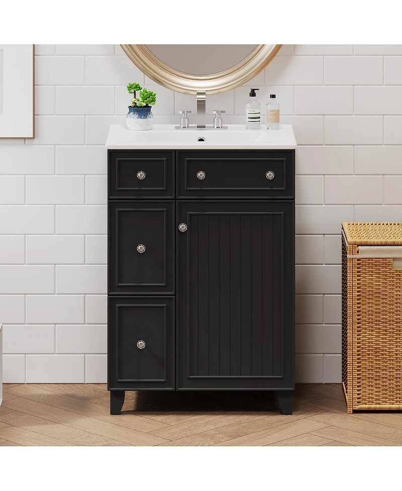 Sillysis Bathroom Vanity Cabinet with Ceramic Sink, 2 Drawers and Door, Compact Storage for Small Spaces