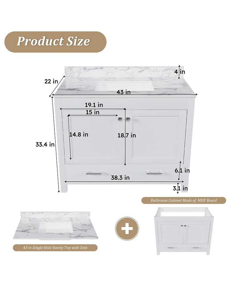 Sillysis Bathroom Vanity with Sintered Stone Carrara Top, Large Storage Drawer and Soft Close Doors