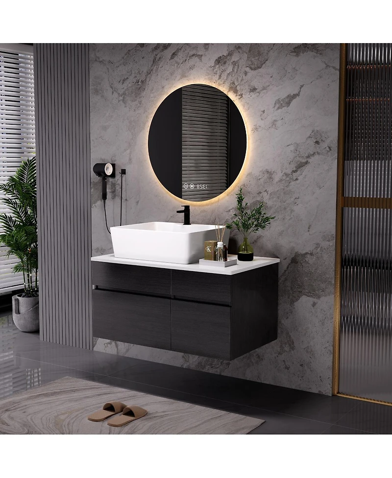 Sillysis Floating Bathroom Vanity with Vessel Ceramic Sink, Soft Close Drawer, Wall Mounted for Small Spaces