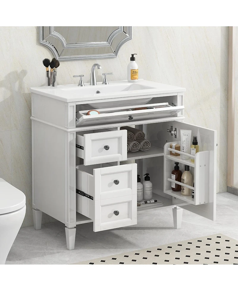 Sillysis Bathroom Vanity with Ceramic Sink, Solid Wood Cabinet, Ample Storage Drawers Adjustable Shelf for Small