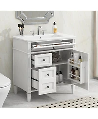 Sillysis Bathroom Vanity with Ceramic Sink, Solid Wood Cabinet, Ample Storage Drawers Adjustable Shelf for Small