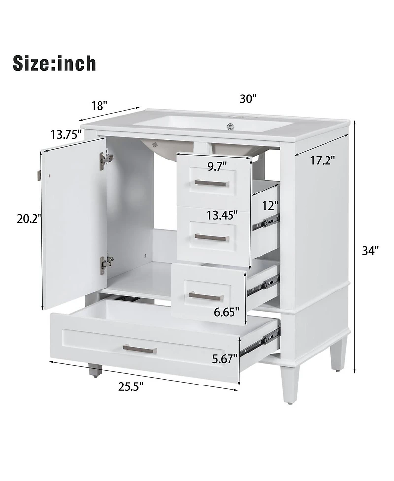 Sillysis Sage Green Bathroom Vanity with Ceramic Sink, Freestanding Solid Wood Mdf Cabinet, 3 Drawers Soft Close Door for Small Bathrooms