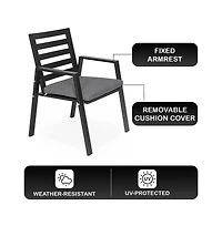 LeisureMod Chelsea Outdoor Dining Armchair - Modern Patio Chair with Aluminum Frame, Weather Resistant Uv-Protected Cushions Olefin Fabric.