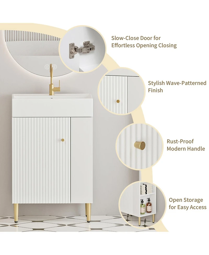 Sillysis Small Bathroom Vanity with Ceramic Sink, Modern Wood Base, Soft Close Door and Open Shelves for Compact Spaces