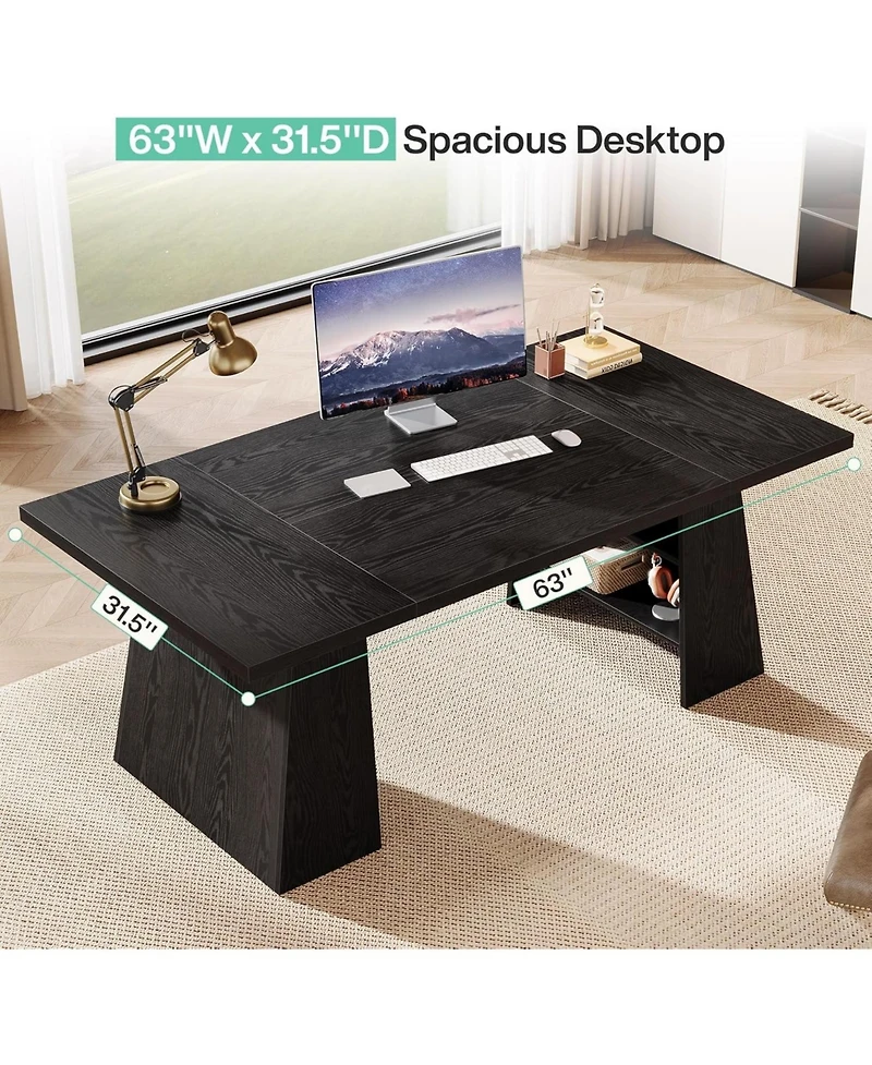 Tribesigns 63-Inch Executive Desk, Modern Desk with Double Pedestal and Storage Shelves, Simple Large Computer Writing Table