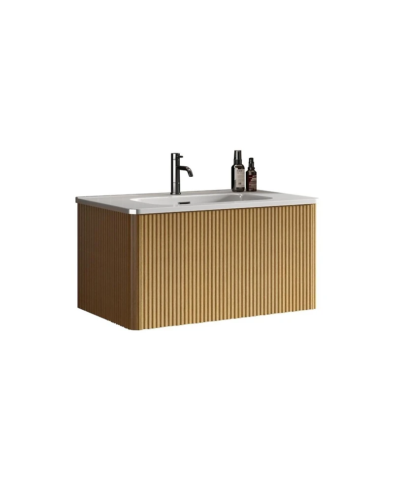 Sillysis Floating Bathroom Vanity with Integrated Ceramic Sink and Push Open Drawer, Wall Mounted for Small