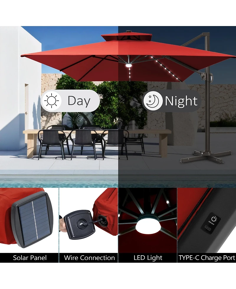 Pellebant Outdoor Patio 10X13FT Aluminum Double Canopy Led Solar Lights Cantilever Umbrella