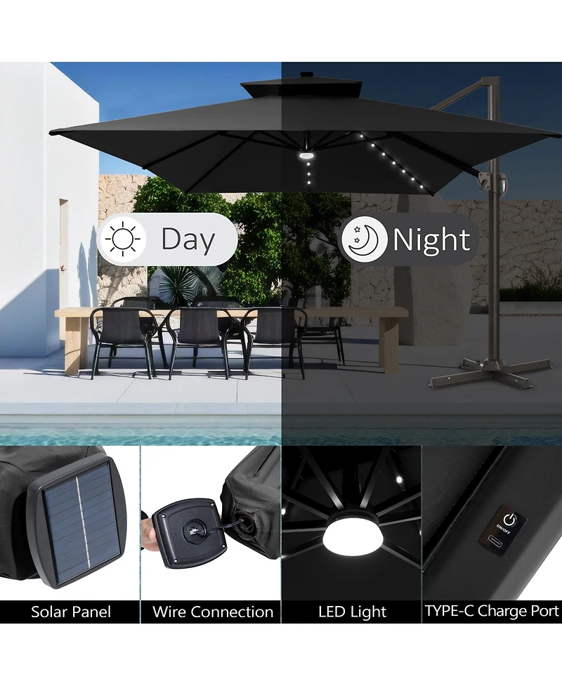 Pellebant Outdoor Patio 10X13FT Aluminum Double Canopy Led Solar Lights Cantilever Umbrella