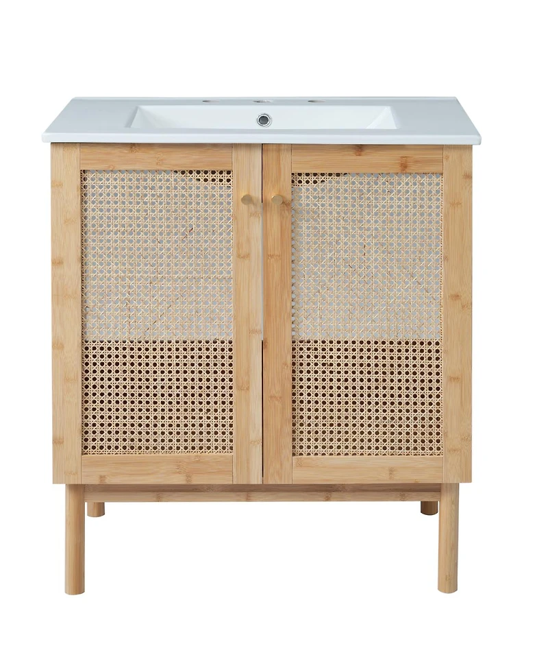Sillysis 30"Bathroom Vanity with Ceramic Sink, Bamboo Frame & Rattan Doors, Ample Storage for Modern Small Space