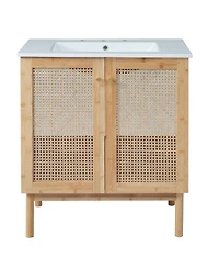 Sillysis 30"Bathroom Vanity with Ceramic Sink, Bamboo Frame & Rattan Doors, Ample Storage for Modern Small Space