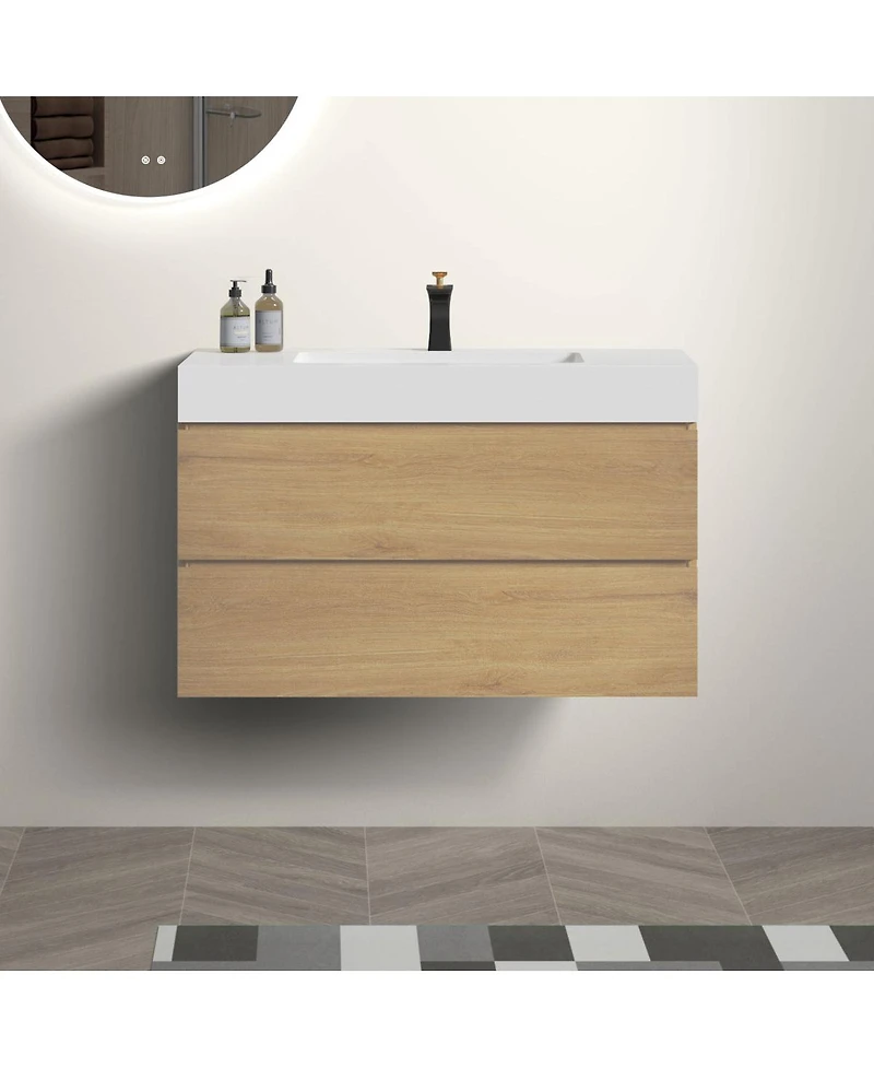 Sillysis Floating Bathroom Vanity with Double Soft Close Drawers, Handle-Free Design and Large Storage for Modern Bathrooms