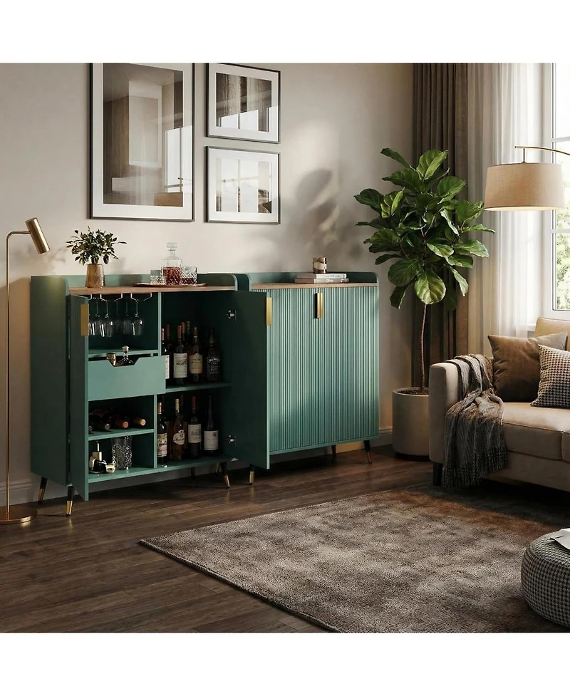 gaomon Towallmark Green Modern Fluted Bar Cabinet with Wine Rack and Glass Holders, Black Kitchen Sideboard Buffet Cabinet for Dining Room