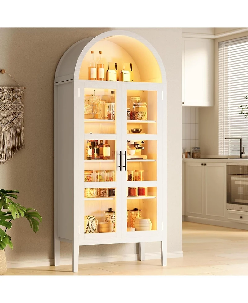 gaomon 70 in Tall Arched Kitchen Pantry Cabinet with Led Lights, Modern Wood Arched Bookshelf with Glass Doors and Adjustable Shelves