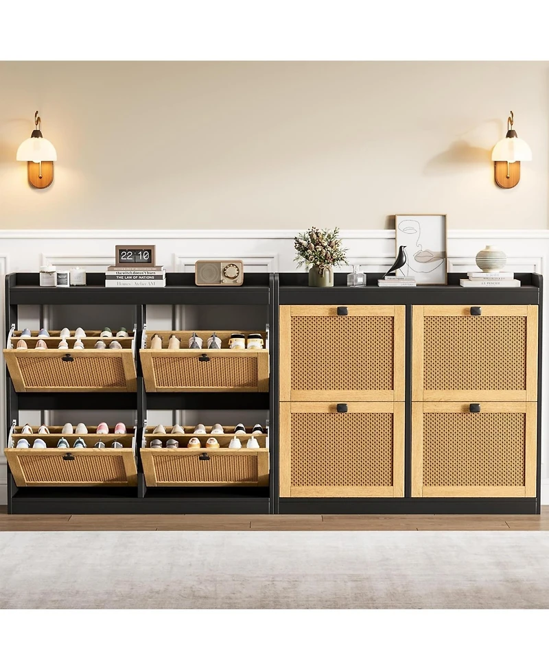 gaomon Shoe Cabinet with 4 Deep Flip Drawers, Freestanding Wooden Shoe Storage Cabinet with Rattan Door and 3-Tier Adjustable Shelves