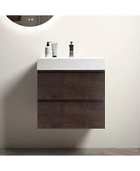 Sillysis 24" Modern Walnut Floating Bathroom Vanity with Sink, Wall Mounted Design with Large Storage, Pre Assembled, No Faucet
