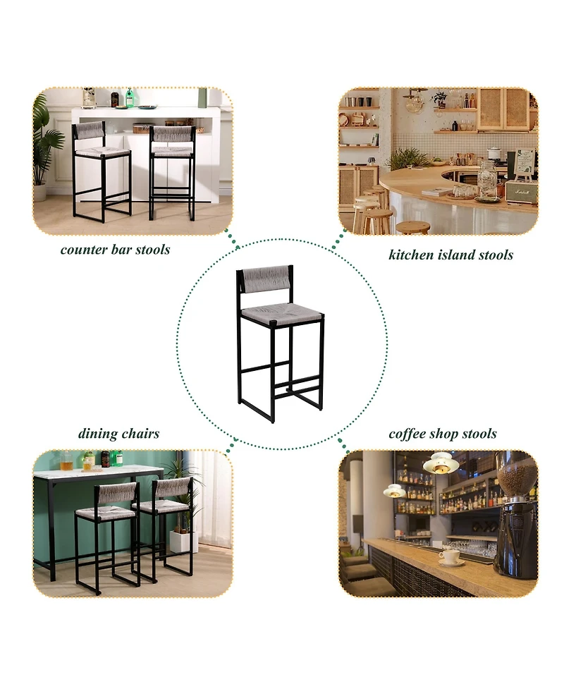 Rainsken Paper Rope Woven Bar Stools Set of 2, Modern Counter Height Chairs with Metal Frame and Footrest for Kitchen Island, Home Pub