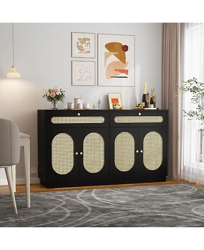 gaomon 60" Rattan Sideboard Cabinet with 2 Drawers and 4 Doors, Adjustable Shelves Buffet