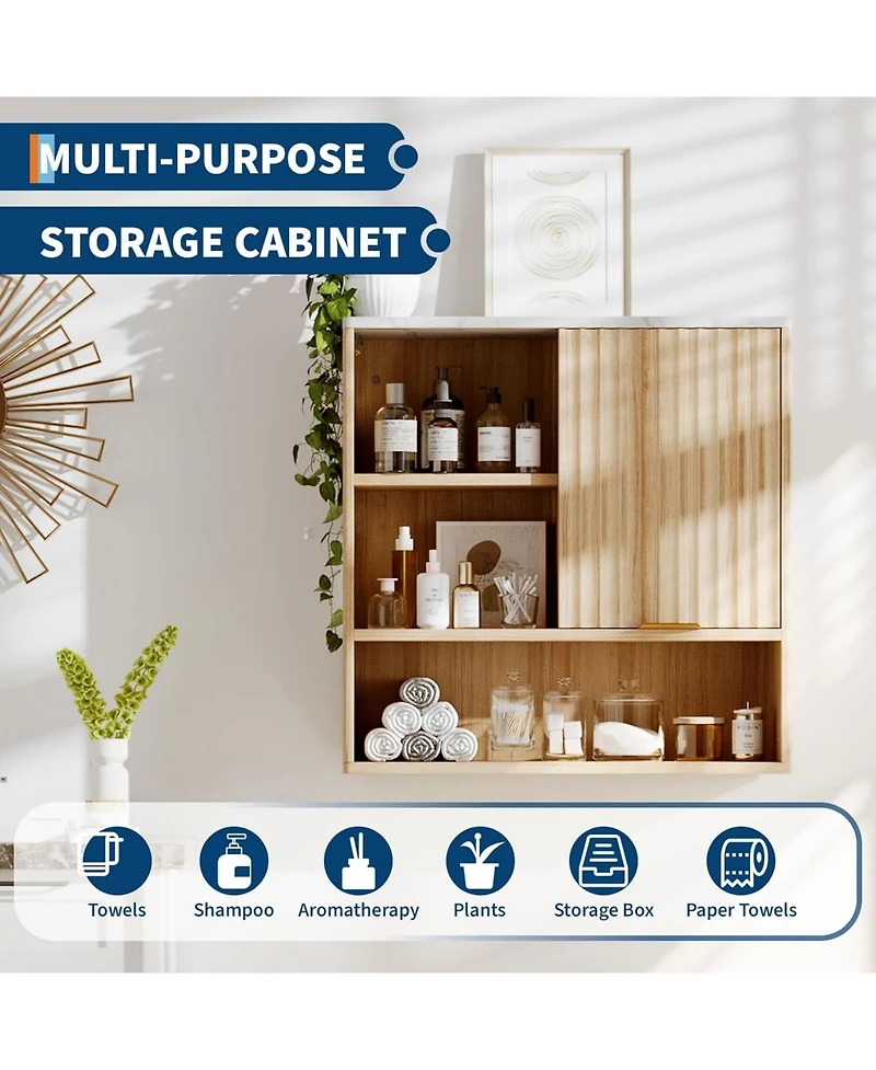 gaomon Fluted Medicine Cabinet, Modern Wall Mounted Bathroom Cabinet Over Toilet Storage with Open Partition & Faux Marble Top