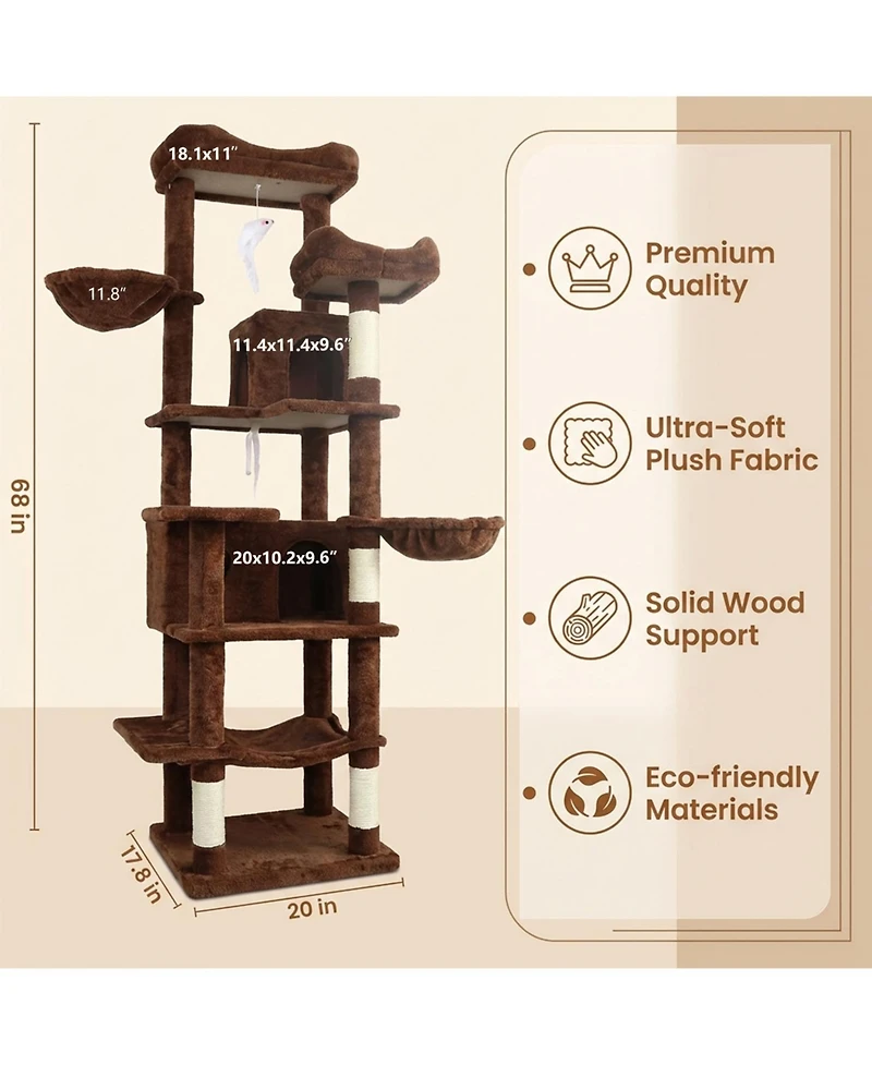 Zeus and Ruta 68 Inch Tall Multi Level Green Cat Tree with Hammocks Hanging Basket Cat Cave Removeable Cushion Scratching Posts