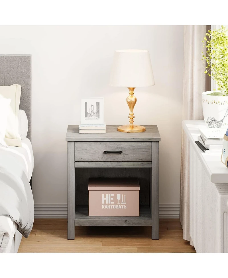 gaomon Farmhouse nightstand set of 2 with drawer and open shelf- wooden end tables for bedroom, nursery, or living room storage.
