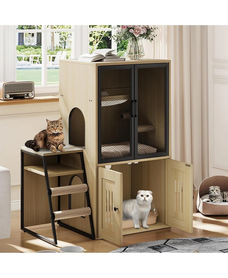 gaomon Cat Litter Box Furniture, 2 Tier Enclosed Furniture with Doors, Hidden Storage and Ladder