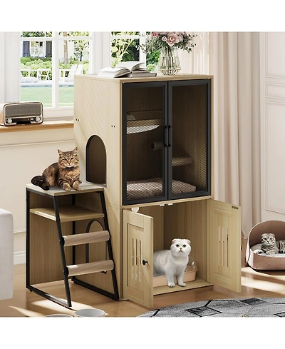gaomon Cat Litter Box Furniture, 2 Tier Enclosed Furniture with Doors, Hidden Storage and Ladder