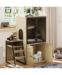 gaomon Cat Litter Box Furniture, 2 Tier Enclosed Furniture with Doors, Hidden Storage and Ladder