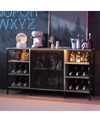 gaomon Farmhouse Wine Bar Cabinet with Rack and Glass Holder, Industry Coffee Led Light, Metal Sideboard Liquor Table Cabinet,Mesh