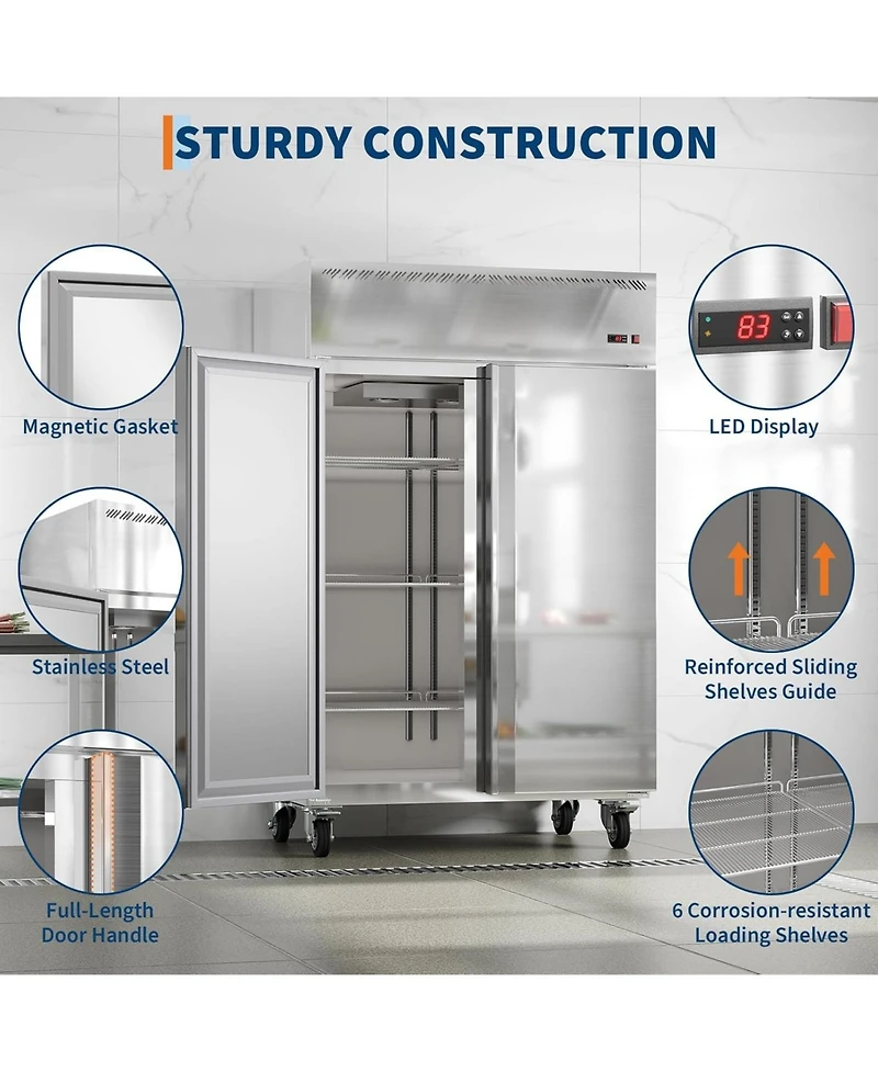 gaomon 48"W Commercial Freezer 36 Cu.ft Stainless Steel Reach-in Solid Door Upright Fan Cooling 2 Door 2 Section Freezer for Restaurant, Bar, Shop