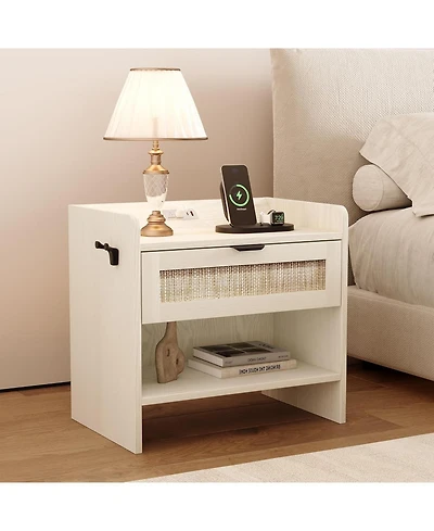 gaomon rattan bedside nightstand with 1 drawer, modern storage cabinet with charging station, ideal bedroom organizer.