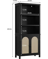 gaomon 70'' farmhouse bookshelf with door, three levels of open storage, floor standing display shelves and bookcase for home organization.